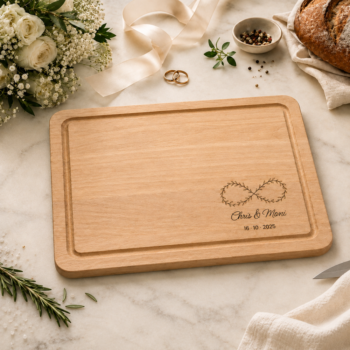 Personalisiertes Tranchierbrett aus Buchenholz mit Gravur, Unendlichkeitszeichen aus Blätterranken, Namen des Brautpaars und Hochzeitsdatum, als Hochzeitsgeschenk