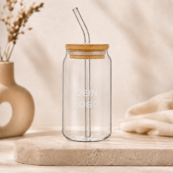 Personalisiertes Trinkglas mit 540 ml, Bambusdeckel und Glasstrohhalm, Gravur mit Logo oder Wunschdesign, Platzhalter Dein Logo, von einfachschenken