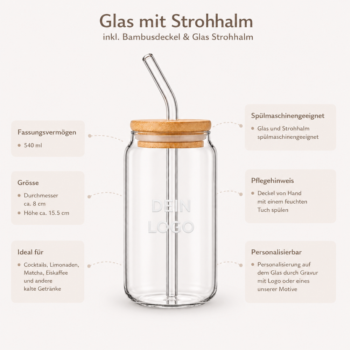 Infografik zum personalisierten Trinkglas von einfachschenken mit 540 ml, Bambusdeckel, Glasstrohhalm, Massen, Pflegehinweisen und Personalisierung durch Gravur