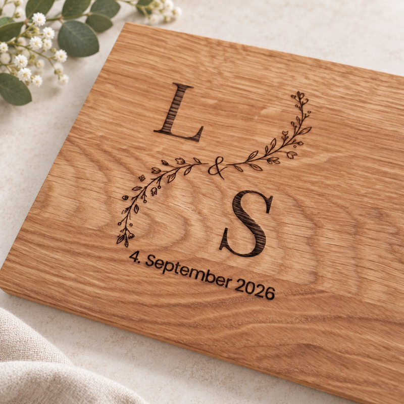 Gravurdetail: personalisiertes Apérobrett aus Eichenholz mit Initialen als Hochzeitsgeschenk