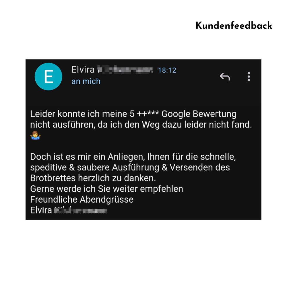 Kundenfeedback: personalisiertes Brotbrett mit Messer und Gravur