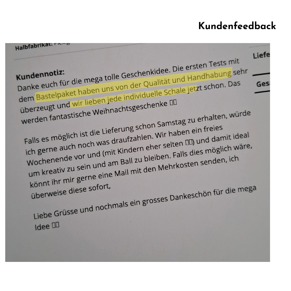 Kundenfeedback mit Nachricht zur Schale aus Acrylglas als selbst gemachtes Geschenk