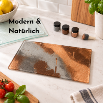 Bemaltes Glas-Schneidebrett mit Farben und Pinsel – einfachschenken Bastelset zum Geschenke basteln und Geschenk selber machen Chäsbrättli bemalen Farbokombi Modern & Natürlich
