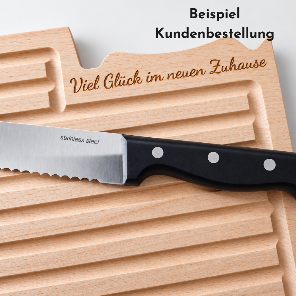 Kundenbestellung: personalisiertes Brotbrett mit Messer als Geschenk zum Einzug