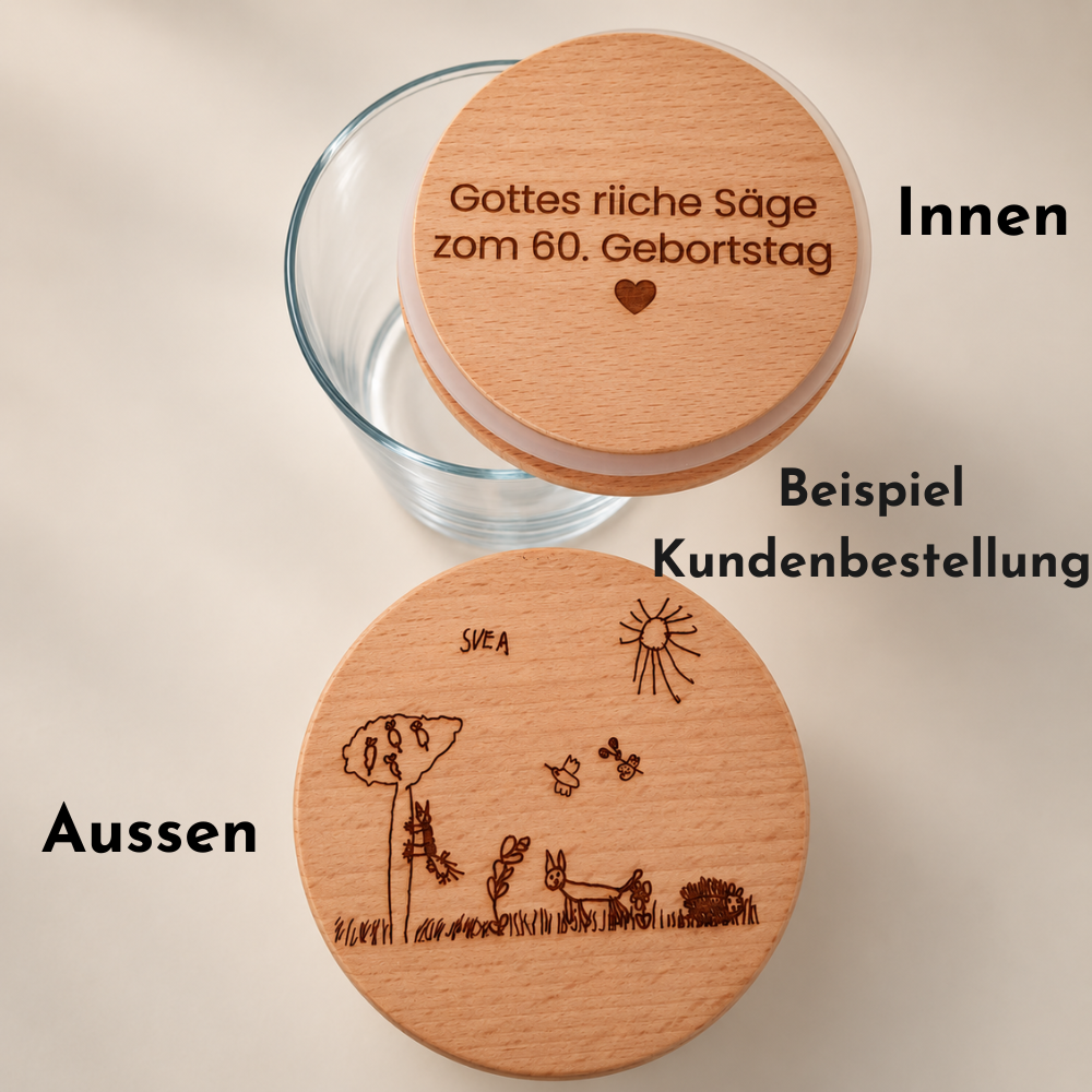 Kundenbestellung: personalisiertes Vorratsglas mit Kinderzeichnung als Geschenk zum 60. Geburtstag