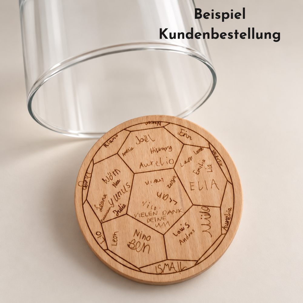 Kundenbestellung: personalisiertes Vorratsglas mit Unterschriften als Abschiedsgeschenk für den Trainer