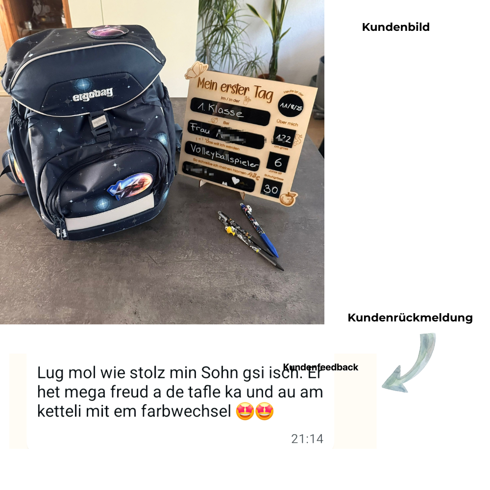 Kundenfeedback zur personalisierten Einschulungstafel als Geschenk zum Schulanfang