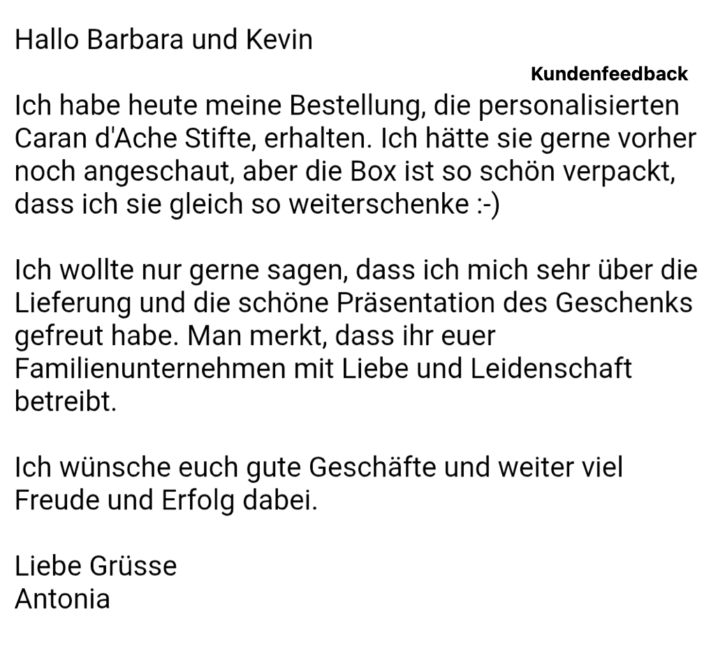 Kundenfeedback: personalisierte Caran d'Ache Farbstifte mit Gravur Geschenk für Kinder
