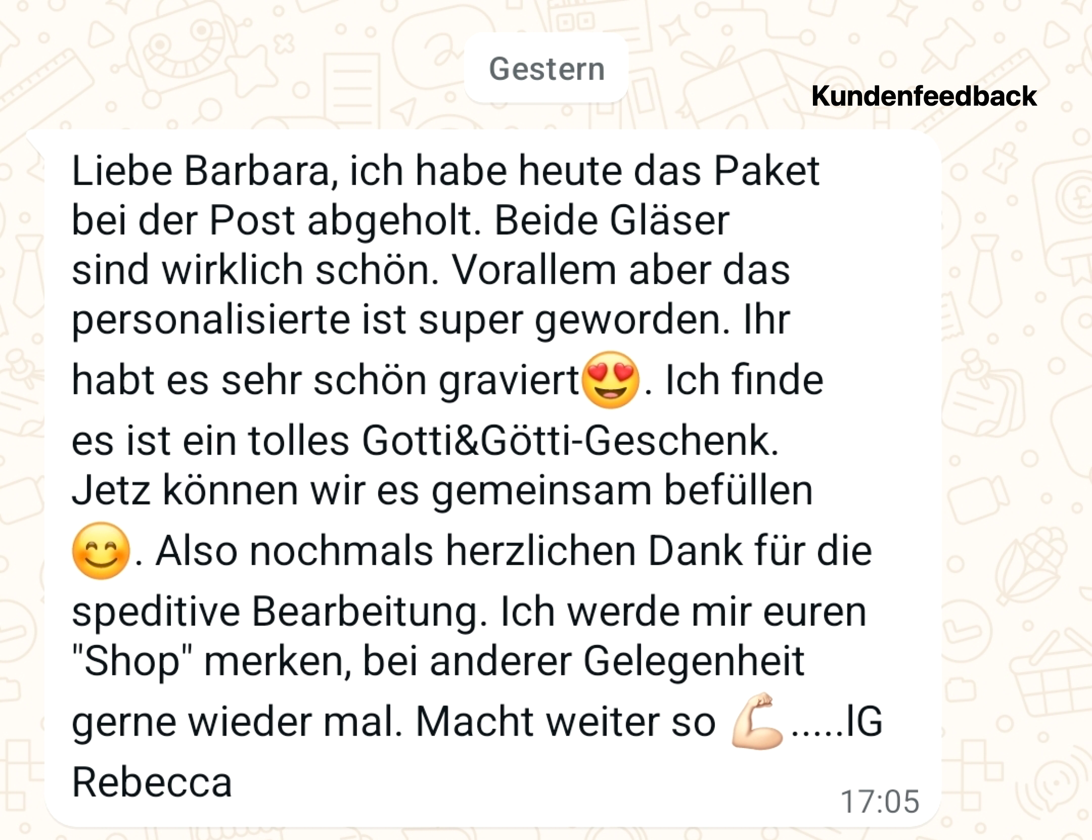 Kundenfeedback: personalisiertes Vorratsglas zur Hochzeit mit Olivenzweig-Gravur