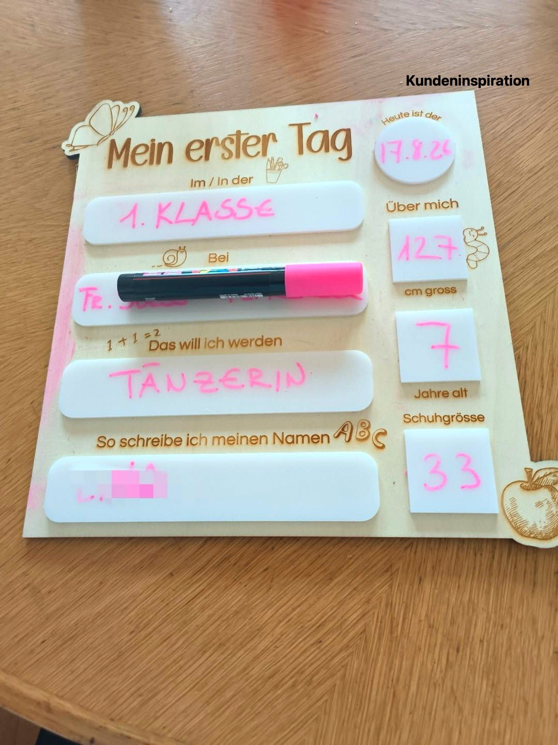 Kundeninspiration: personalisierte Einschulungstafel als Geschenk zum ersten Schultag