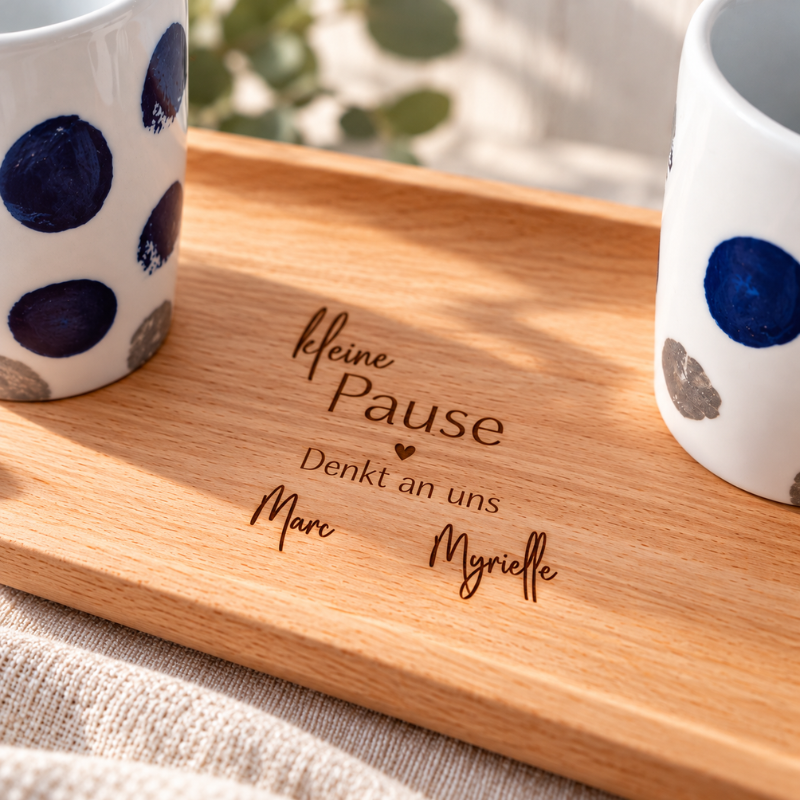 Detailaufnahme eines personalisierten Pausentellers von einfachschenken aus Holz mit Gravur "kleine Pause", Widmung und zwei Namen.