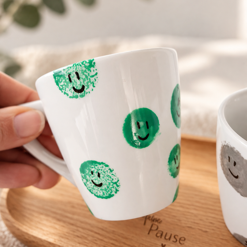 Detailaufnahme einer selbst bemalten Tasse mit grünen Smiley-Motiven als Gestaltungsidee für das Tassen-bemalen-Kreativset von einfachschenken