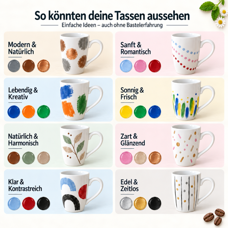 Ideen für selbst bemalte Tassen im Kreativset mit acht Farbkombinationen und einfachen Motiven, auch für Anfänger ohne Bastelerfahrung.