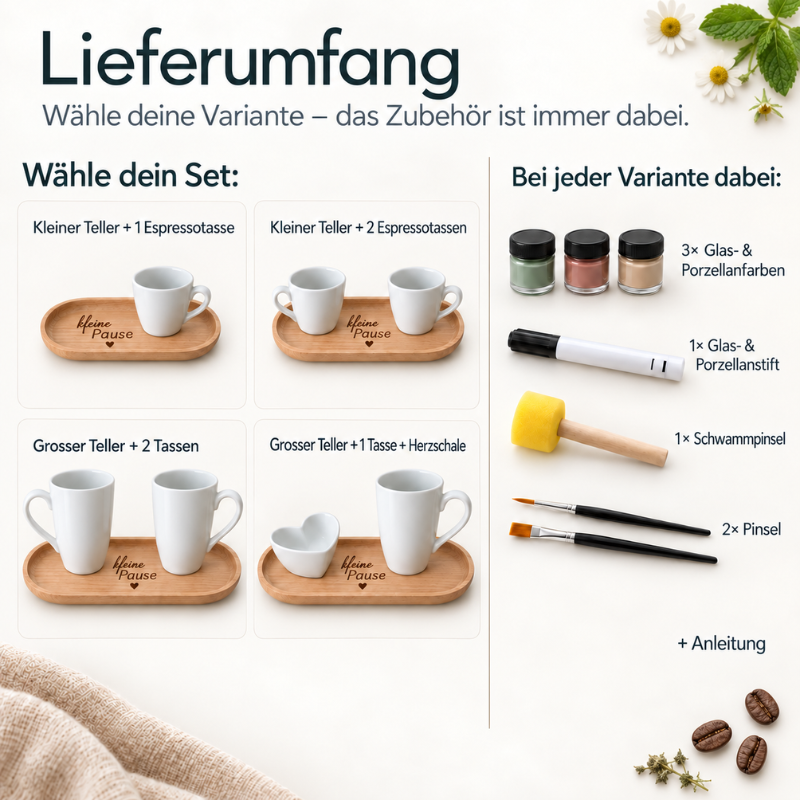 Lieferumfang des Tassen-bemalen-Kreativsets mit personalisiertem Pausenteller, Tassen oder Espressotassen sowie Porzellanfarben, Stift, Pinseln und Anleitung zum Geschenke selber machen.