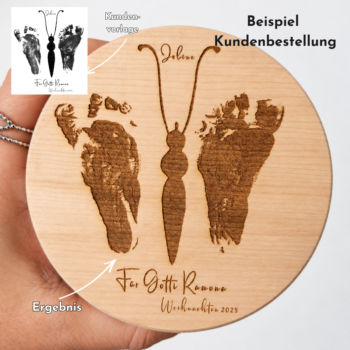 Personalisiertes Vorratsglas mit Holzdeckel, graviert mit zwei Fussabdrücken als Schmetterling und Widmung für das Gotti.