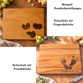 Zwei personalisierte Schneidebretter aus Eichenholz mit Gravur von Fingerabdrücken und Fussabdrücken als Geschenk von Kindern.