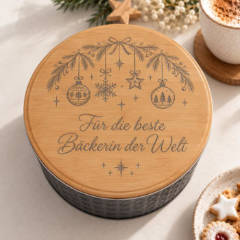 Weihnachtliche Keksdose personalisiert, Weihnachtsgeschenk graviert mit Christbaumkugeln und dem Spruch frei wählbarer Spruch, z.B. «Für die beste Bäckerin der Welt».