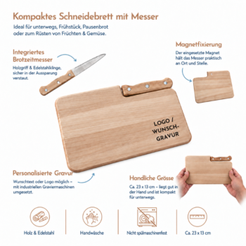 Personalisiertes Schneidebrett mit integriertem Messer, Magnetfixierung, Pflegehinweisen und Grössenvergleich in der Hand.