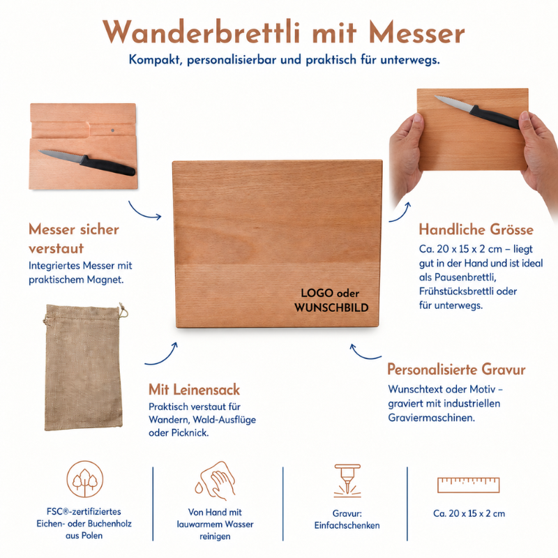 Personalisiertes Schneidebrett Wanderbrettli mit integriertem Messer, Leinensack, personalisierter Gravur, Pflegehinweisen und Grössenangabe von ca. 20 x 15 x 2 cm.